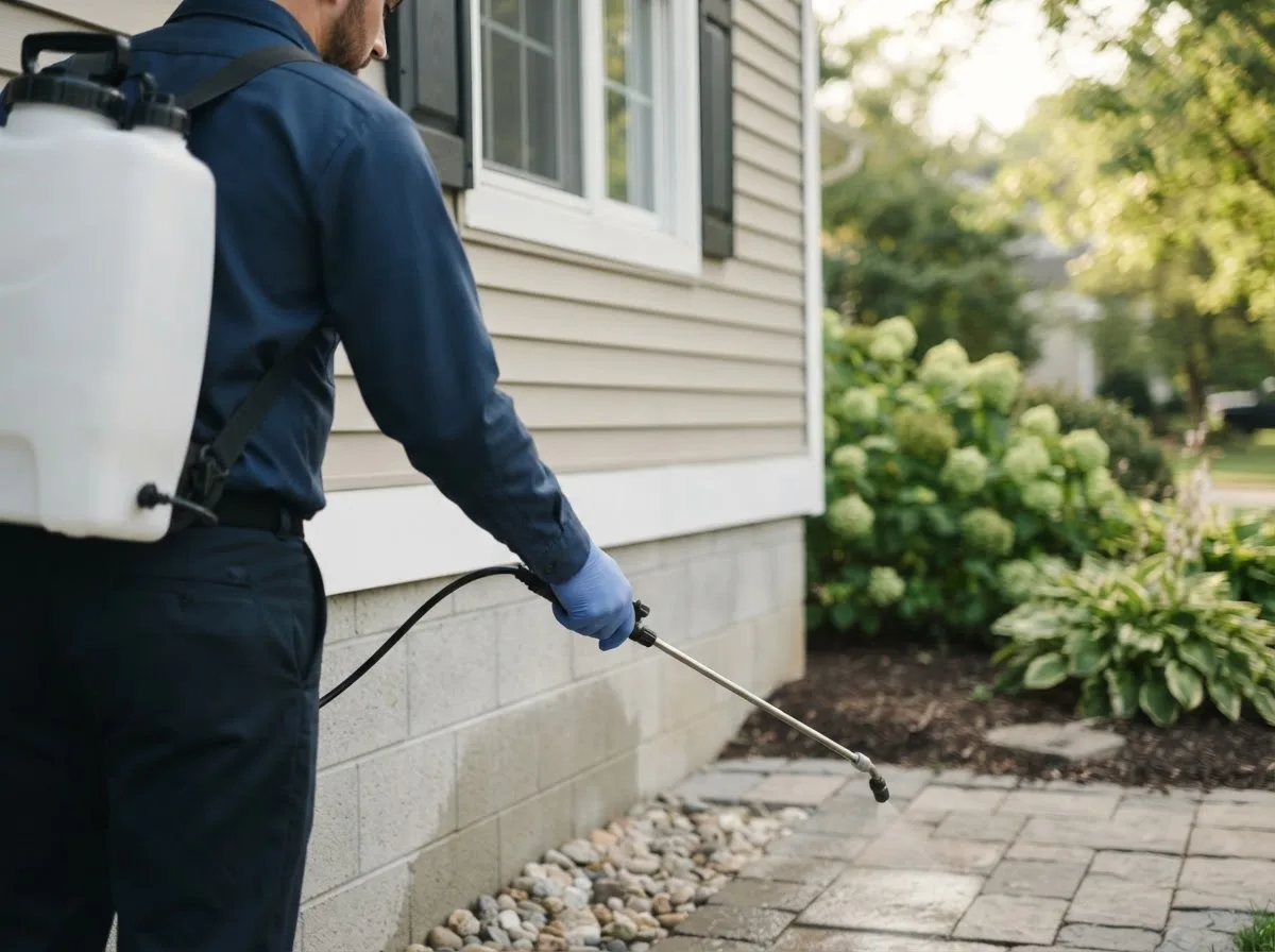 Pest control technician inspecting a home in Taft, OK